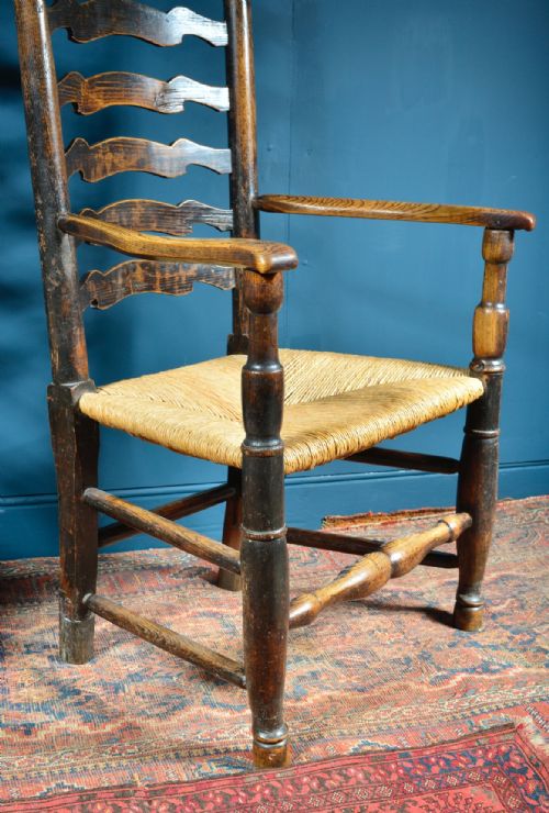 TWO FRUIT WOOD AND ELM COUNTRY LADDERBACK RUSH SEAT ARMCHAIRS 18TH 19TH C - ADDITIONAL PHOTO 6