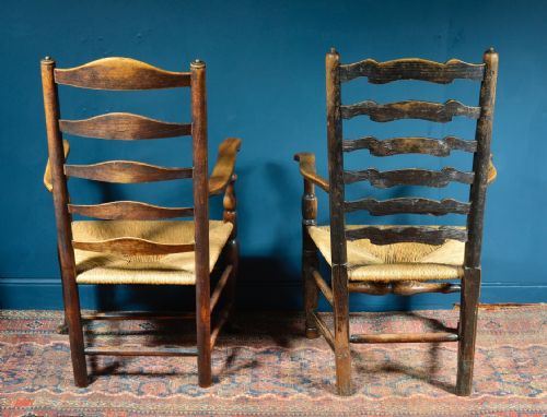 TWO FRUIT WOOD AND ELM COUNTRY LADDERBACK RUSH SEAT ARMCHAIRS 18TH 19TH C - ADDITIONAL PHOTO 7