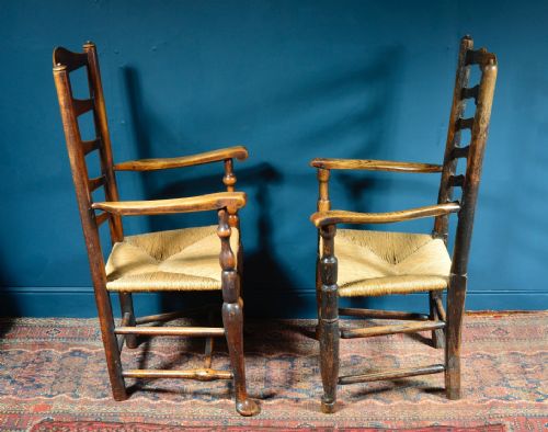TWO FRUIT WOOD AND ELM COUNTRY LADDERBACK RUSH SEAT ARMCHAIRS 18TH 19TH C - ADDITIONAL PHOTO 9