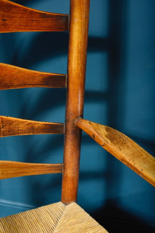 TWO FRUIT WOOD AND ELM COUNTRY LADDERBACK RUSH SEAT ARMCHAIRS 18TH 19TH C - ADDITIONAL PHOTO 10
