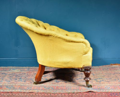 VICTORIAN BUTTON BACK EASY ARMCHAIR ON TURNED LEGS LANGEBEAR CASTORS C1870 - ADDITIONAL PHOTO 2