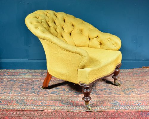 VICTORIAN BUTTON BACK EASY ARMCHAIR ON TURNED LEGS LANGEBEAR CASTORS C1870 - ADDITIONAL PHOTO 3