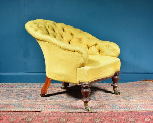 VICTORIAN BUTTON BACK EASY ARMCHAIR ON TURNED LEGS LANGEBEAR CASTORS C1870 - ADDITIONAL PHOTO 4