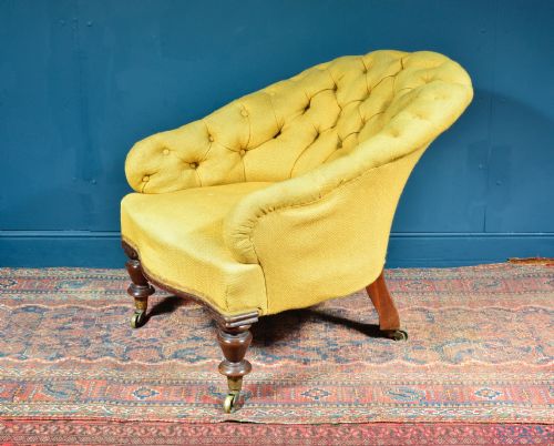 VICTORIAN BUTTON BACK EASY ARMCHAIR ON TURNED LEGS LANGEBEAR CASTORS C1870 - ADDITIONAL PHOTO 6