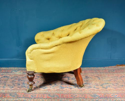 VICTORIAN BUTTON BACK EASY ARMCHAIR ON TURNED LEGS LANGEBEAR CASTORS C1870 - ADDITIONAL PHOTO 7