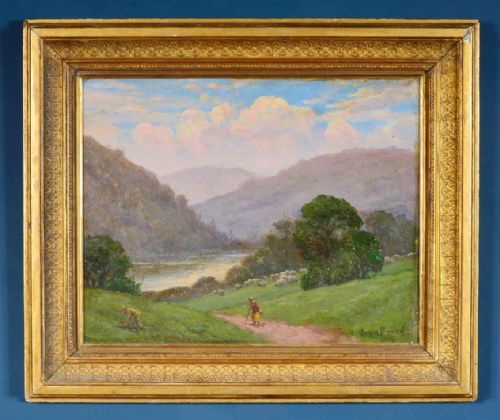 owen bowen staithes group 18731967 wharfe valley yorkshire oil on canvas board signed and dated 1901 - CATEGORY: ANTIQUE ART - DATED 1900