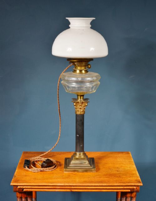 VICTORIAN CORINTHIAN COLUMN OIL LAMP WITH OPALINE SHADE WIRED FOR ELECTRICITY C1895 - ADDITIONAL PHOTO 1