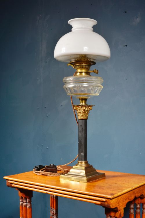 VICTORIAN CORINTHIAN COLUMN OIL LAMP WITH OPALINE SHADE WIRED FOR ELECTRICITY C1895 - ADDITIONAL PHOTO 4