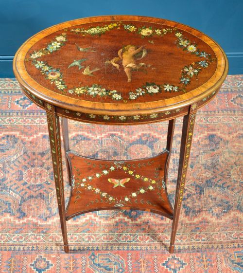 an edwardian inlaid oval occasional table with painted decoration c1905 - CATEGORY: ANTIQUE TABLES - DATED EDWARDIAN
