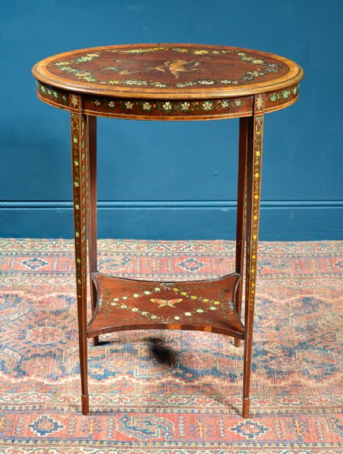 AN EDWARDIAN INLAID OVAL OCCASIONAL TABLE WITH PAINTED DECORATION C1905 - ADDITIONAL PHOTO 1