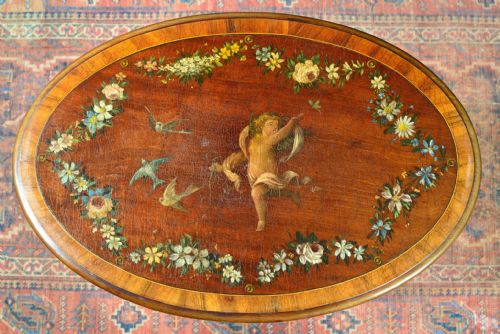 AN EDWARDIAN INLAID OVAL OCCASIONAL TABLE WITH PAINTED DECORATION C1905 - ADDITIONAL PHOTO 2