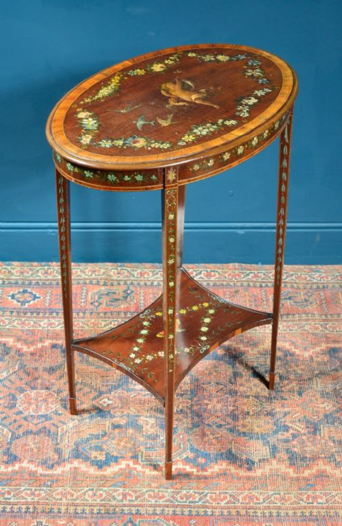 AN EDWARDIAN INLAID OVAL OCCASIONAL TABLE WITH PAINTED DECORATION C1905 - ADDITIONAL PHOTO 4