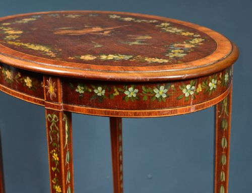 AN EDWARDIAN INLAID OVAL OCCASIONAL TABLE WITH PAINTED DECORATION C1905 - ADDITIONAL PHOTO 11