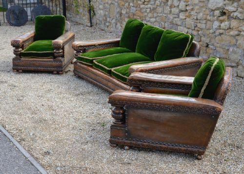 an extremely comfortable carolean revival carved oak leather and green velvet three piece suite c1910 - CATEGORY: ANTIQUE FURNITURE - DATED 1910