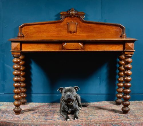 VICTORIAN GOLDEN OAK CONSOLE SERVING TABLE ON BOBBIN TURNED LEGS C1850 - ADDITIONAL PHOTO 1