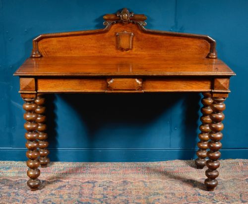 VICTORIAN GOLDEN OAK CONSOLE SERVING TABLE ON BOBBIN TURNED LEGS C1850 - ADDITIONAL PHOTO 2