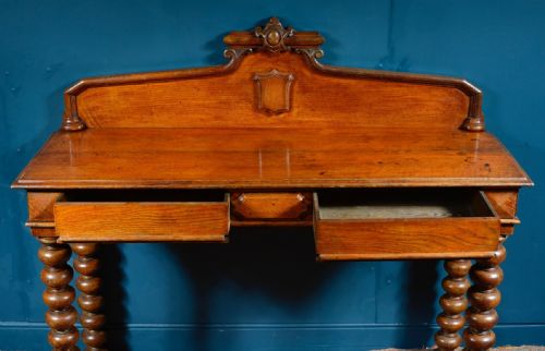 VICTORIAN GOLDEN OAK CONSOLE SERVING TABLE ON BOBBIN TURNED LEGS C1850 - ADDITIONAL PHOTO 4