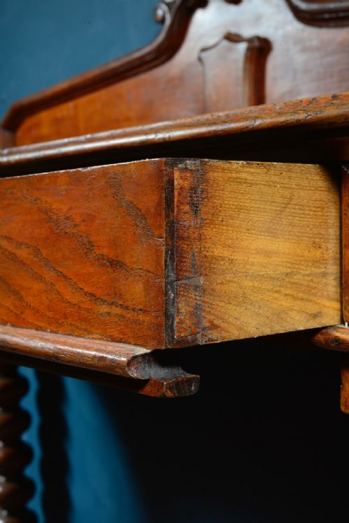 VICTORIAN GOLDEN OAK CONSOLE SERVING TABLE ON BOBBIN TURNED LEGS C1850 - ADDITIONAL PHOTO 6