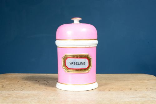 a victorian pink porcelain vaseline apothecary jar with gilt label c1880 - CATEGORY: ANTIQUE CERAMICS - DATED 1880
