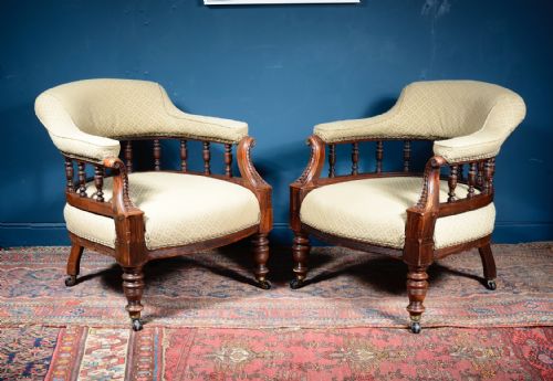 a pair of victorian aesthetic movement mahogany armchairs c1880 - CATEGORY: ANTIQUE CHAIRS - DATED VICTORIAN