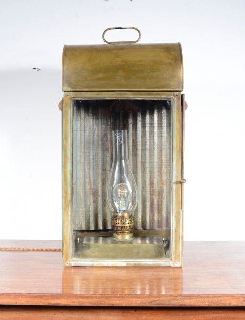 a fine victorian brass and glass wall mounted hall lantern with carrying handle wired for electricity c1880 - CATEGORY: ANTIQUE LIGHTING - DATED VICTORIAN