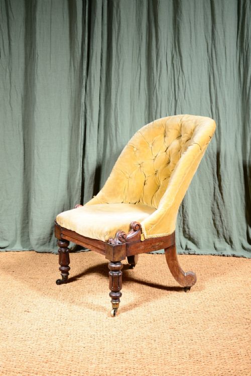 a william iv mahogany button back slipper chair with yellow velvet upholstery c1835 - CATEGORY: ANTIQUE CHAIRS - DATED 19TH CENTURY