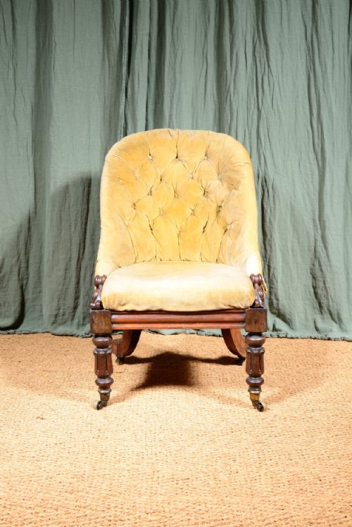 A WILLIAM IV MAHOGANY BUTTON BACK SLIPPER CHAIR WITH YELLOW VELVET UPHOLSTERY C1835 - ADDITIONAL PHOTO 1