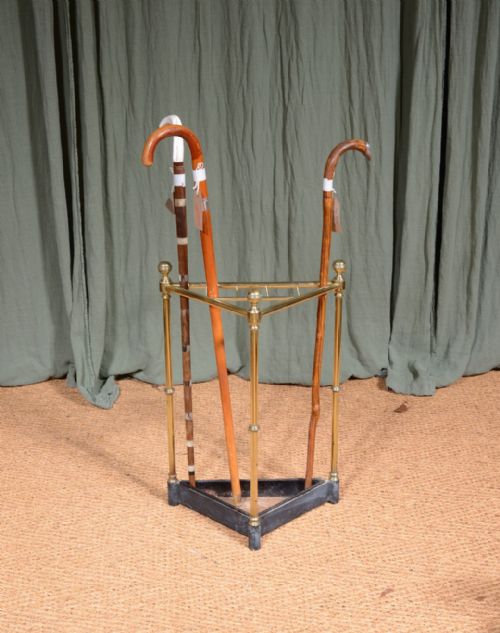 A VICTORIAN BRASS AND CAST IRON STICK STAND OF TRIANGULAR FORM C1870 - ADDITIONAL PHOTO 5