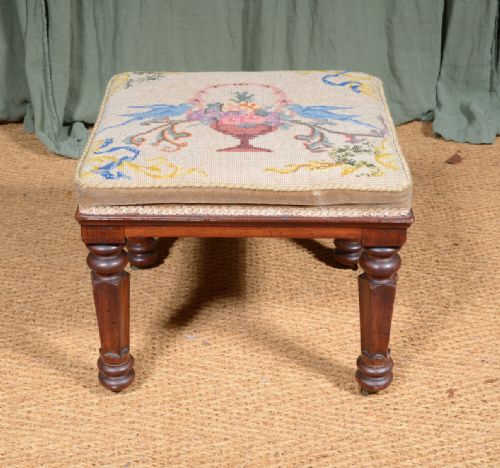 a william iv mahogany footstool with brass sunken castors and tapestry cushion c1835 - CATEGORY: ANTIQUE STOOLS - DATED 19TH CENTURY