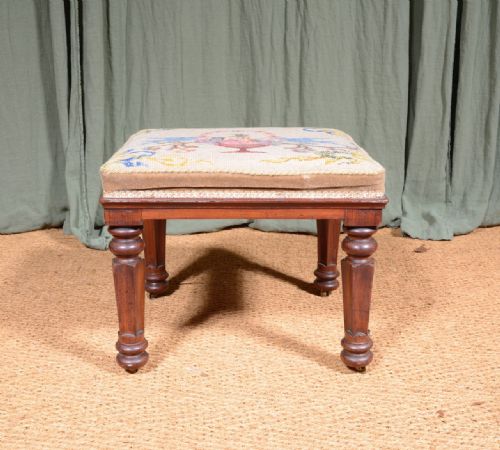 A WILLIAM IV MAHOGANY FOOTSTOOL WITH BRASS SUNKEN CASTORS AND TAPESTRY CUSHION C1835 - ADDITIONAL PHOTO 1