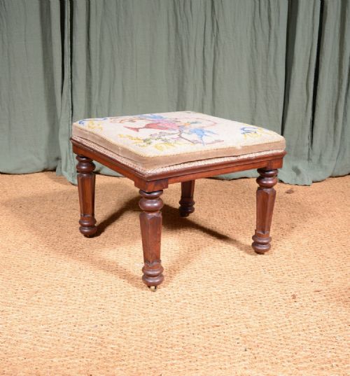 A WILLIAM IV MAHOGANY FOOTSTOOL WITH BRASS SUNKEN CASTORS AND TAPESTRY CUSHION C1835 - ADDITIONAL PHOTO 2