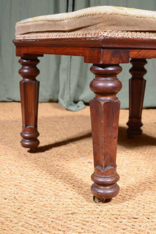 A WILLIAM IV MAHOGANY FOOTSTOOL WITH BRASS SUNKEN CASTORS AND TAPESTRY CUSHION C1835 - ADDITIONAL PHOTO 5