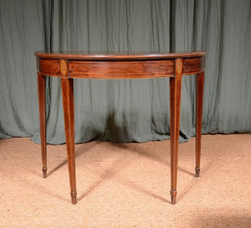 A GEORGIAN INLAID FLAME MAHOGANY DEMI LUNE TABLE C1820 - ADDITIONAL PHOTO 2