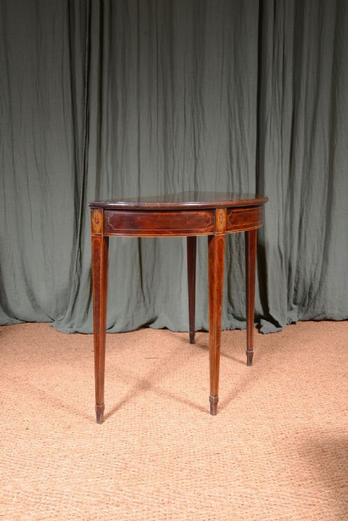 A GEORGIAN INLAID FLAME MAHOGANY DEMI LUNE TABLE C1820 - ADDITIONAL PHOTO 6