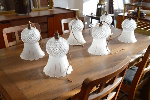 a set of six cut and frosted glass flowerhead pendant lights early 20th century - CATEGORY: ANTIQUE LIGHTING - DATED EDWARDIAN