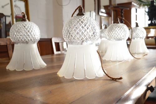 A SET OF SIX CUT AND FROSTED GLASS FLOWERHEAD PENDANT LIGHTS EARLY 20TH CENTURY - ADDITIONAL PHOTO 1
