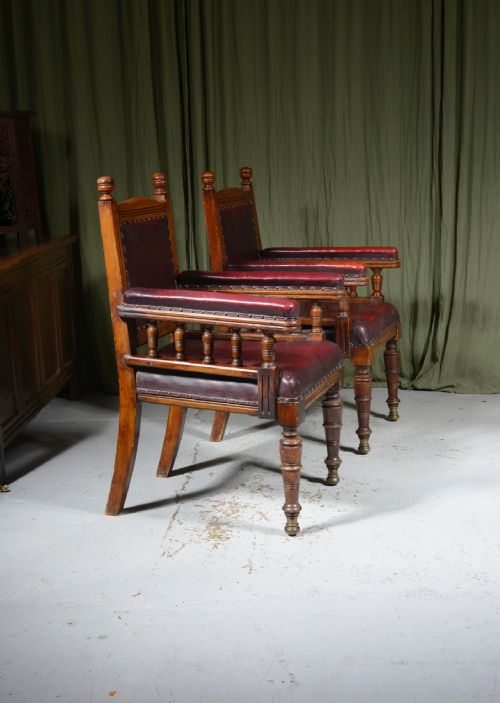 a pair of aesthetic movement oak and leather library chairs in the manner of alfred waterhouse c1880 - CATEGORY: ANTIQUE CHAIRS - DATED VICTORIAN
