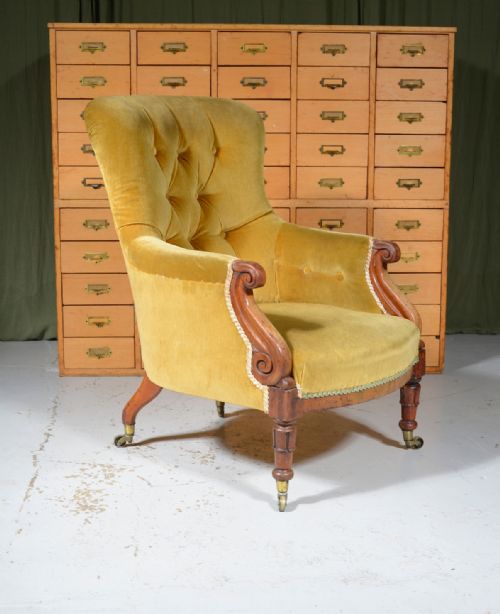 a william iv walnut and gold velvet button back armchair c1835 - CATEGORY: ANTIQUE CHAIRS - DATED 19TH CENTURY