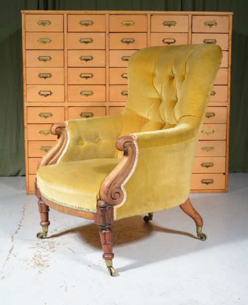 A WILLIAM IV WALNUT AND GOLD VELVET BUTTON BACK ARMCHAIR C1835 - ADDITIONAL PHOTO 1