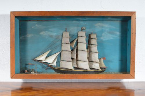 a victorian three masted ship paddle steamer diorama model c1890 - CATEGORY: ANTIQUE MISCELLANEOUS - DATED VICTORIAN