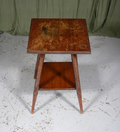 an aesthetic movement two tier oak table on ring turned splay legs c1890 - CATEGORY: ANTIQUE CABINETS - DATED VICTORIAN
