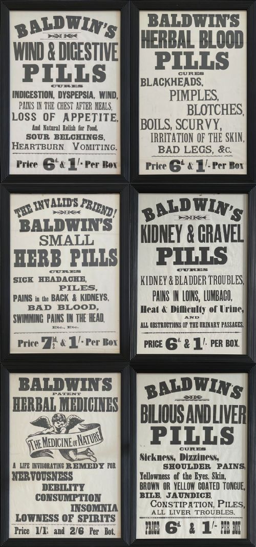 a set of six original victorian 'baldwin's pills' vintage framed posters c1895 - CATEGORY: ANTIQUE MISCELLANEOUS - DATED 1890