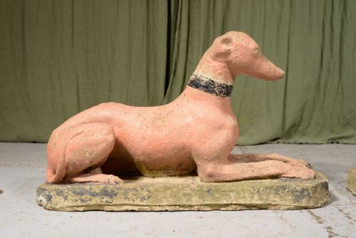 A PAIR OF WEATHERED RECONSTITUTED STONE WHIPPETS IN ORIGINAL PAINT C1930 - ADDITIONAL PHOTO 2