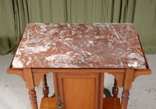A SMALL AESTHETIC MOVEMENT MARBLE TOPPED WALNUT WASHSTAND ATTRIBUTED TO JAS SHOOLBRED LONDON C1880 - ADDITIONAL PHOTO 2