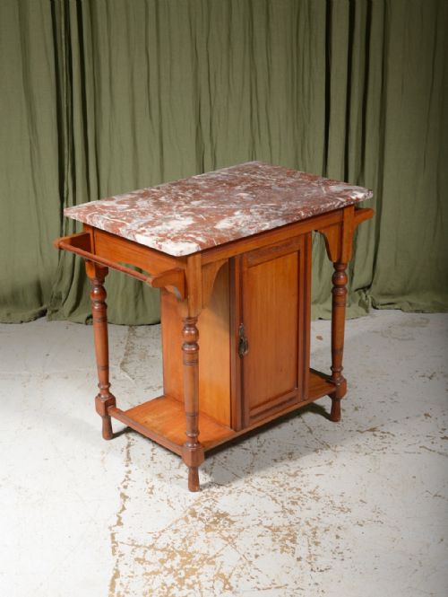 A SMALL AESTHETIC MOVEMENT MARBLE TOPPED WALNUT WASHSTAND ATTRIBUTED TO JAS SHOOLBRED LONDON C1880 - ADDITIONAL PHOTO 3