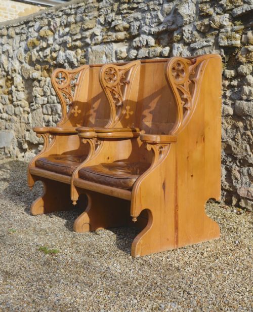 a gothic revival pine two seater wingback settle hall seat c1890 - CATEGORY: ANTIQUE FURNITURE - DATED 19TH CENTURY
