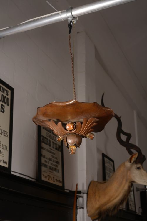 AN ARTS CRAFTS BEATEN COPPER FLOWERHEAD FOUR LIGHT CEILING PENDANT C1900 - ADDITIONAL PHOTO 1