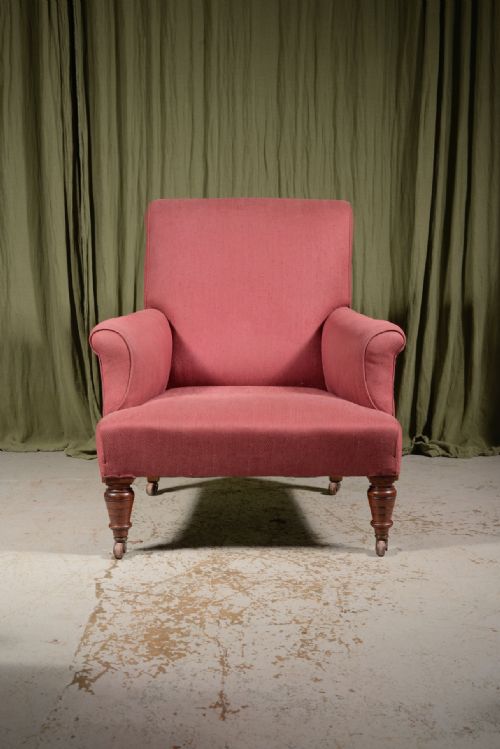A VICTORIAN EASY ARMCHAIR IN LIGHT RED UPHOLSTERY C1890 - ADDITIONAL PHOTO 1