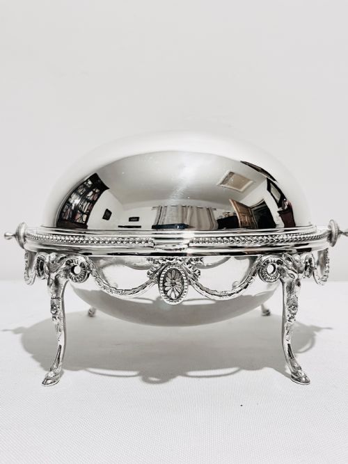 victorian silver plated rollover oval butter dish with hoof feet below figural rams heads - CATEGORY: ANTIQUE SILVER - DATED 1880