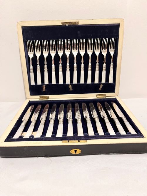 antique silver plated and mother of pearl handled fruit knives forks c1880 - CATEGORY: ANTIQUE SILVER - DATED 1880